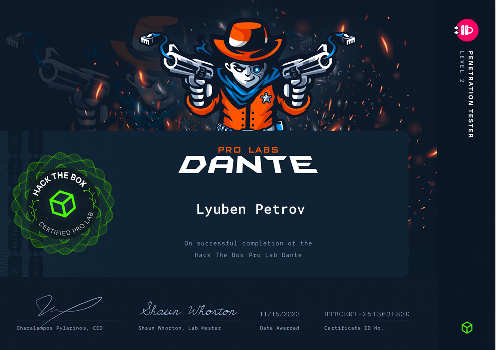 Dante Pro Lab certificate of completion
